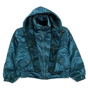 VINTAGE Obermeyer Stardust Blue Teal Satin Winter Hoodie Ski Jacket Gorpcore 10